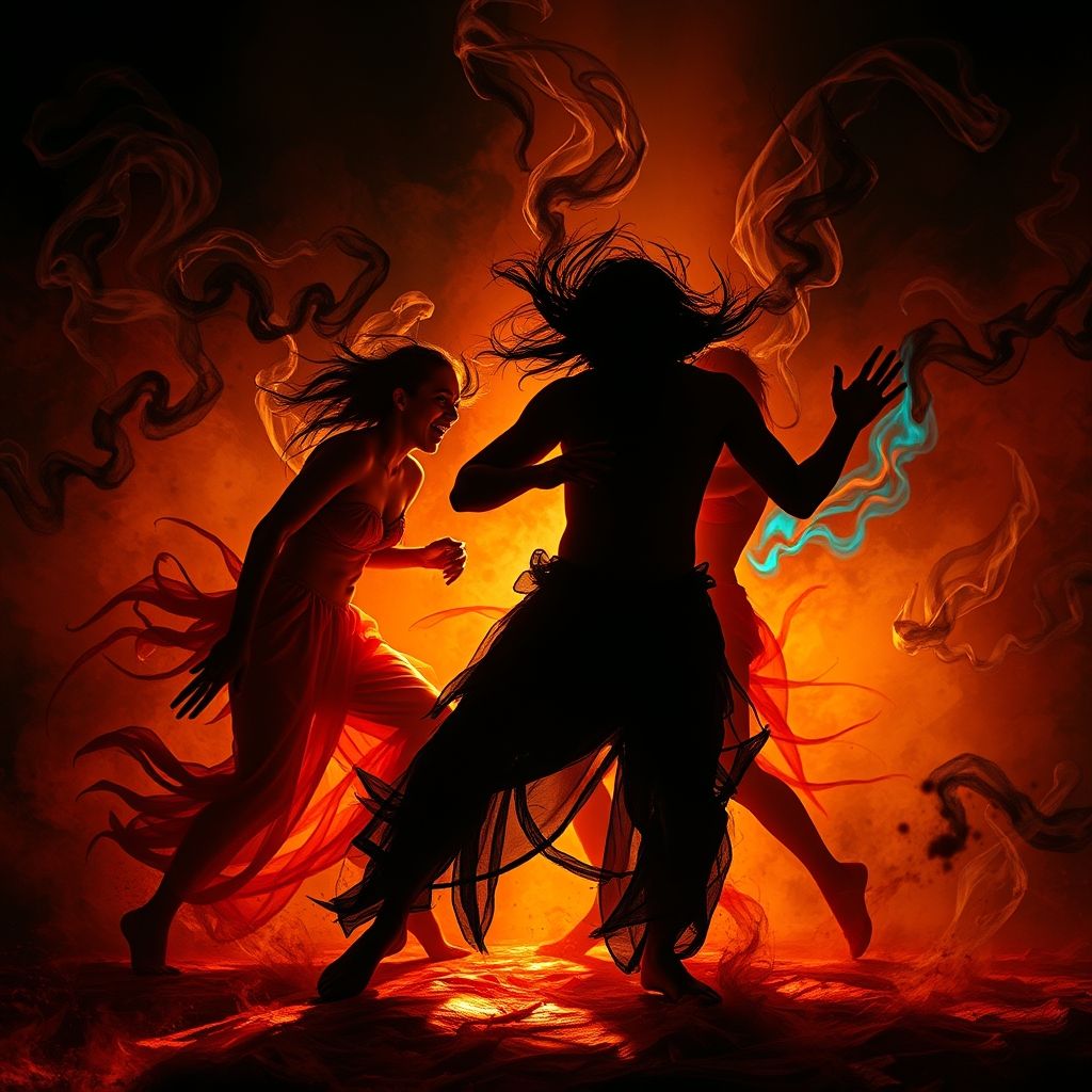 Una representación artística de una danza de posesión, mostrando movimientos extáticos y una intensa expresión emocional, reflejando el interés del Expresionismo por la expresión primaria.