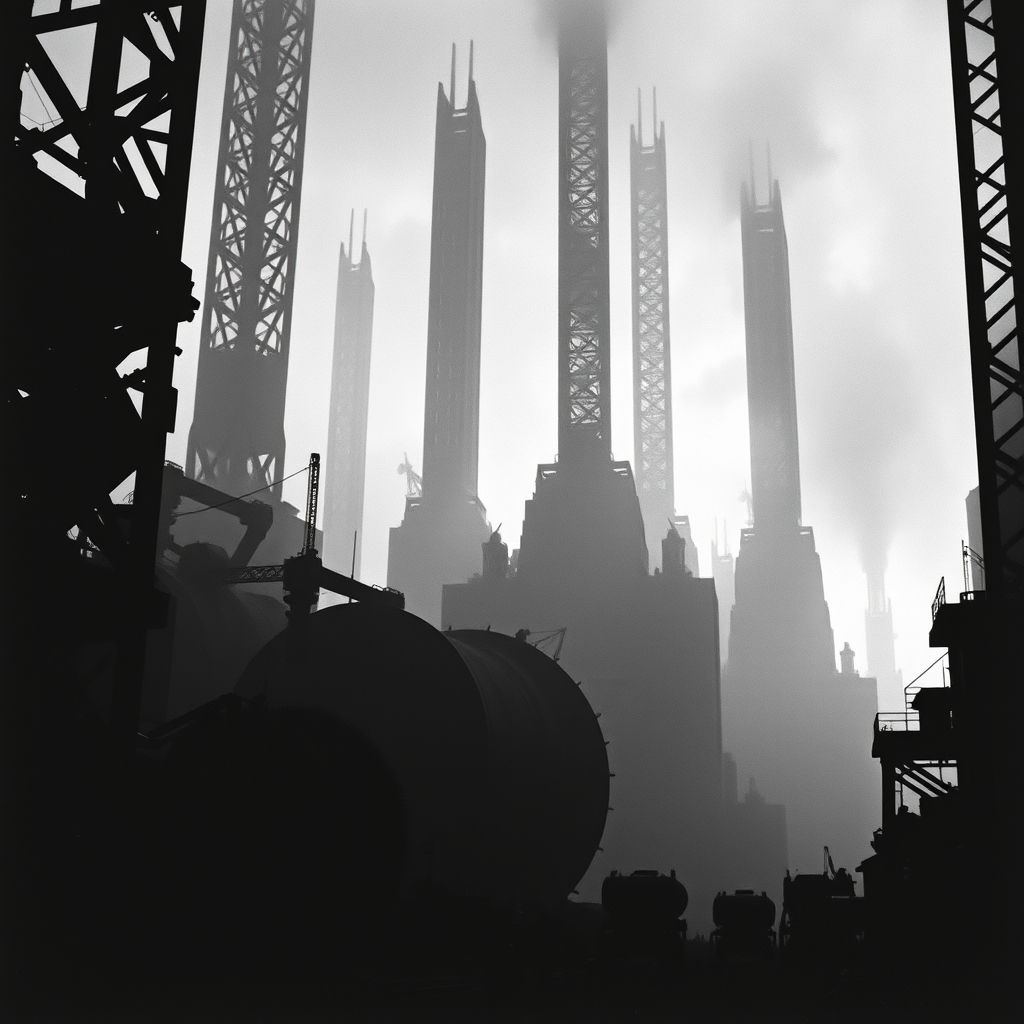 Fotograma de la película muda Metrópolis (1927) de Fritz Lang, que muestra la arquitectura futurista y la maquinaria masiva de la ciudad, influenciada por el expresionismo.