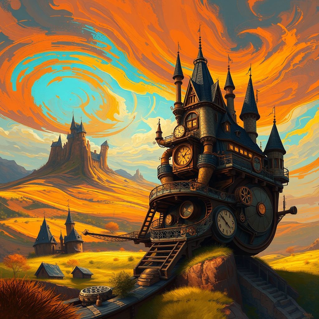 Una escena de la película El Castillo Ambulante de Howl, que muestra el castillo ambulante con su estética steampunk y el paisaje expresionista de fondo.