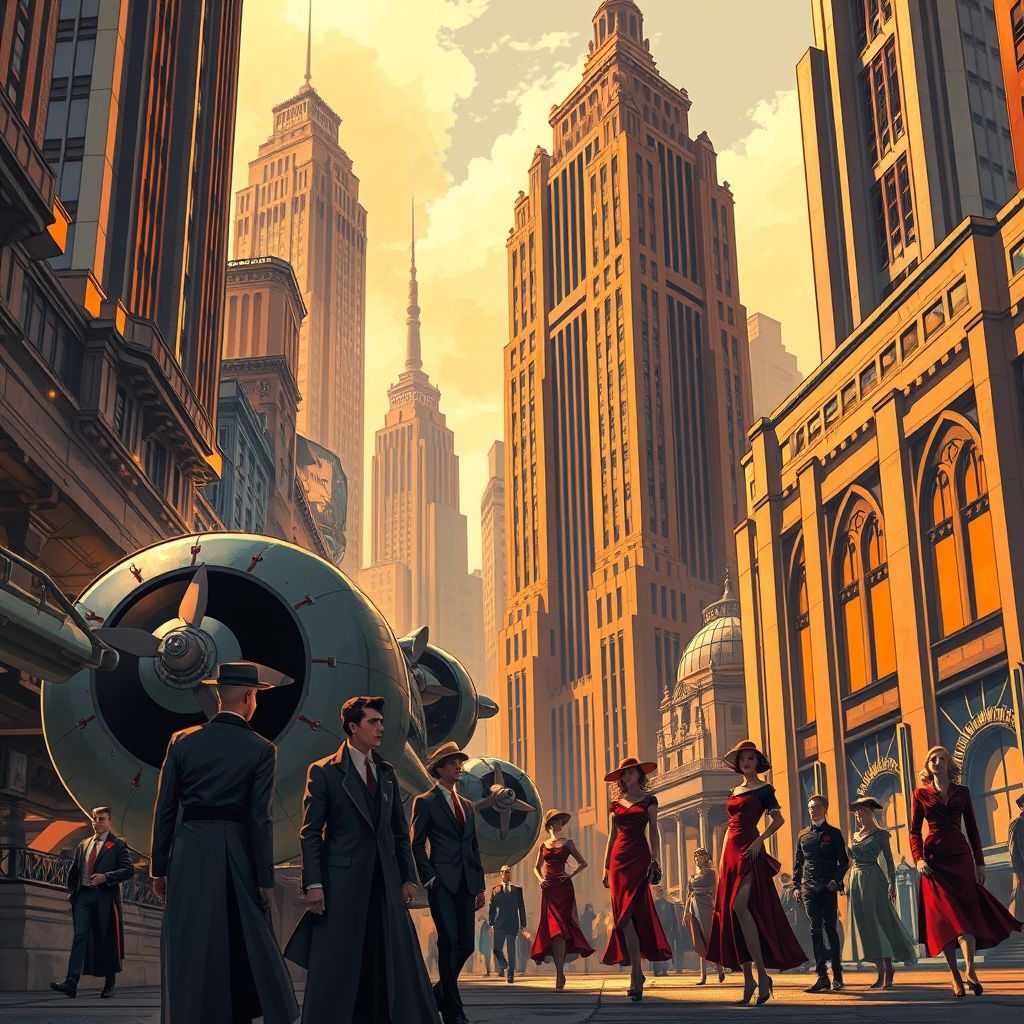 Una ilustración de dieselpunk que muestra maquinaria aerodinámica, arquitectura grandiosa y figuras vestidas con atuendos de la década de 1920 a la de 1940.
