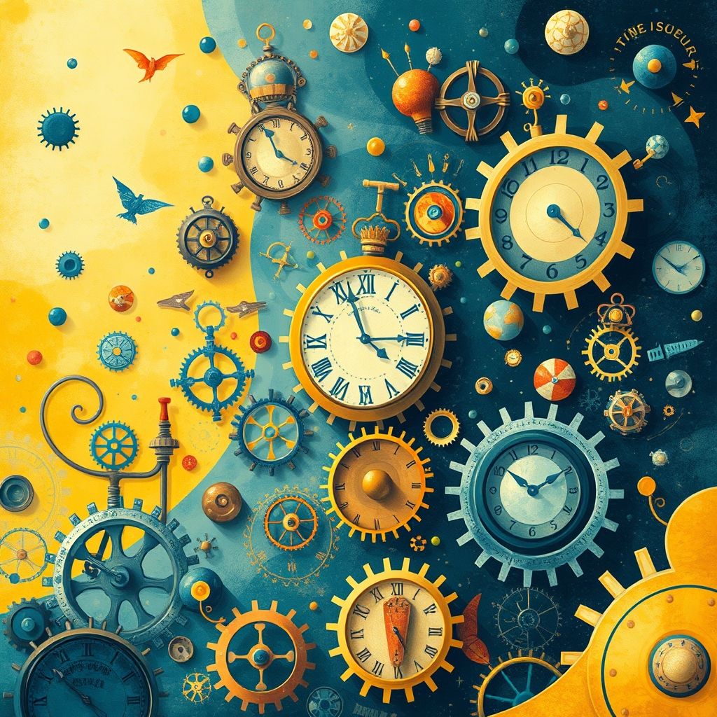 Una ilustración del libro infantil de Peter Sís, que muestra una mezcla de imaginería expresionista con engranajes, relojes y otros motivos mecánicos.