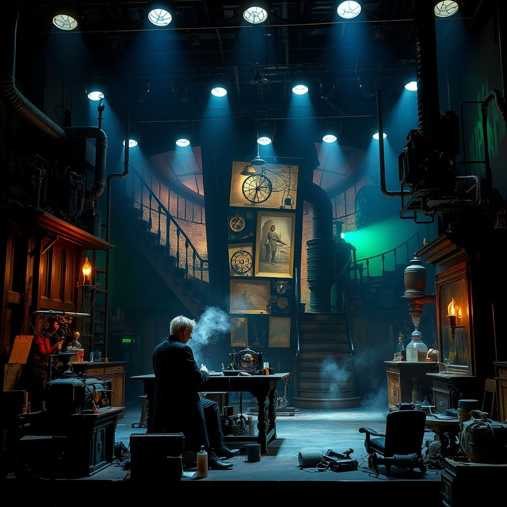 Una escenografía de una adaptación teatral de 'Frankenstein', que muestra elementos expresionistas como iluminación dramática y escenografías distorsionadas, junto con elementos steampunk en el laboratorio.