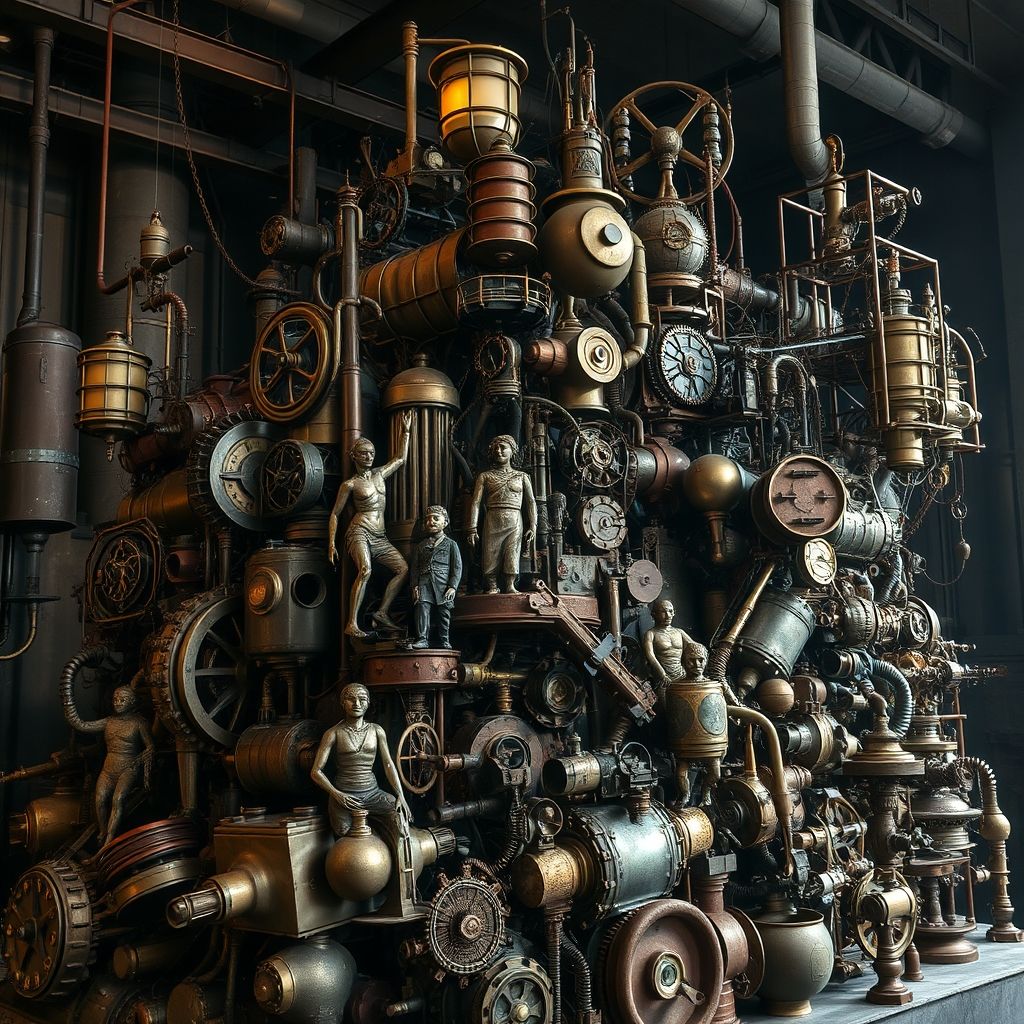 Una intrincada escultura de Kris Kuksi, que muestra una densa disposición de figuras, maquinaria y objetos encontrados con elementos steampunk.