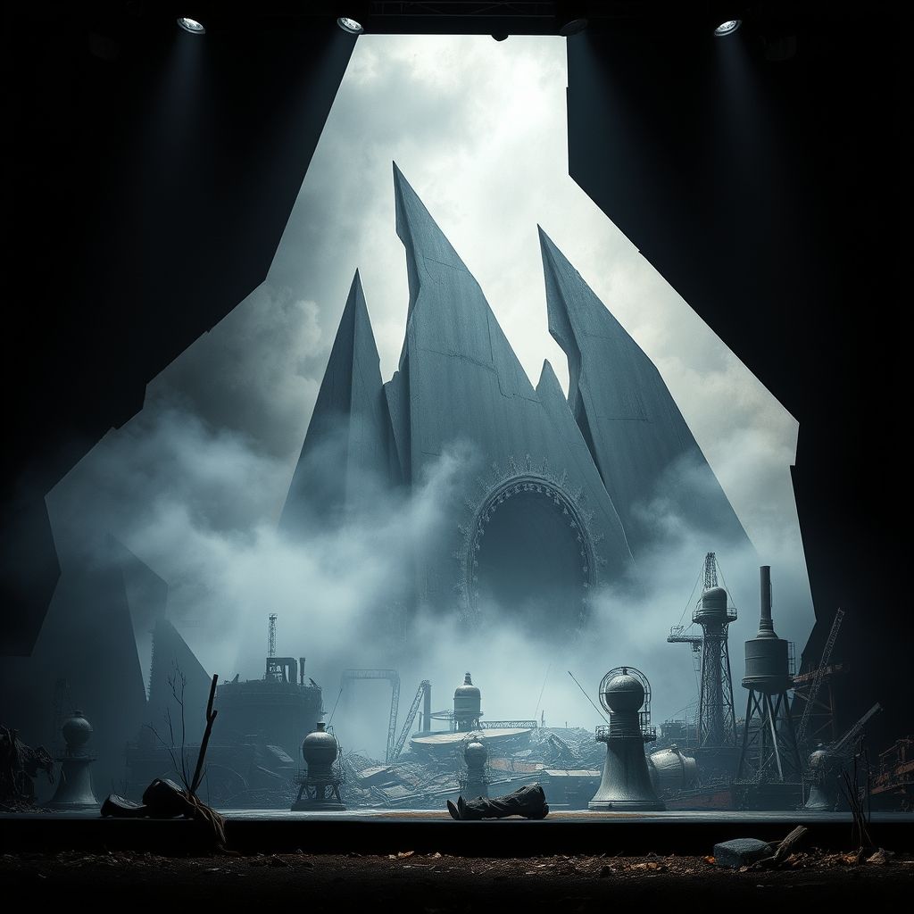 Una escenografía de una ópera de Walter Braunfels, que muestra elementos expresionistas y referencias sutiles a la tecnología y la industrialización.