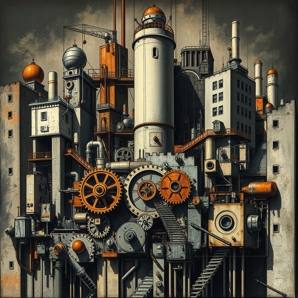 Un dibujo de Paul Citroen, que muestra imágenes fragmentadas y yuxtapuestas con elementos de maquinaria, engranajes y componentes arquitectónicos.