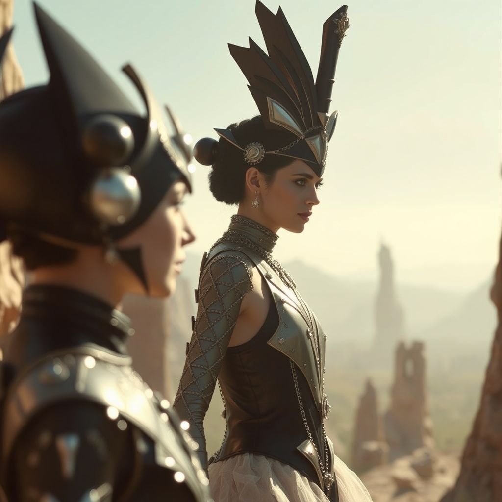 Un fotograma de la película 'Aelita' (1924), que muestra el diseño de vestuario vanguardista con formas geométricas, materiales metálicos y adornos intrincados que recuerdan a la estética steampunk.