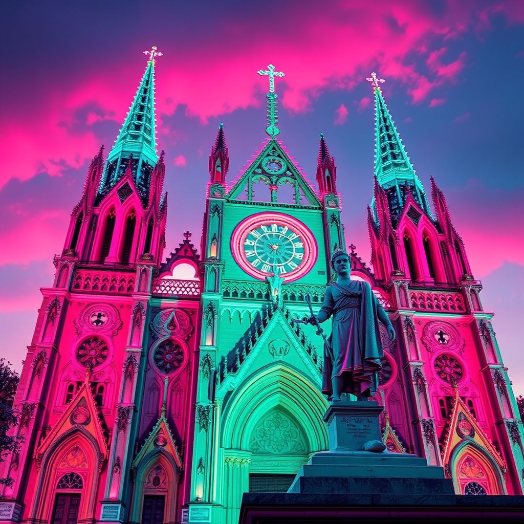 Una representación artística digital de una catedral gótica con luces de neón rosadas y turquesas, con una estatua clásica renderizada en 3D con glitches, en el estilo de Vaporwave.