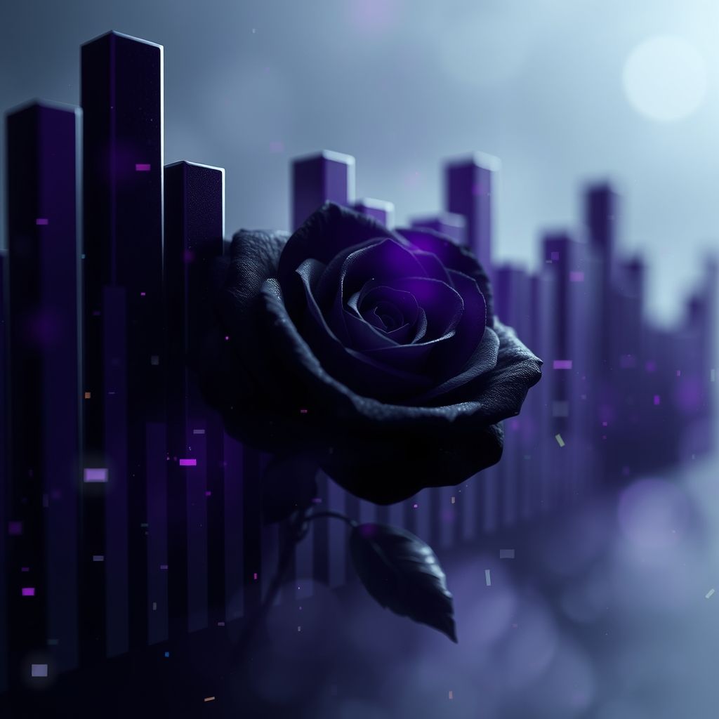 Una visualización de ecualizador abstracto con colores morados y negros, con una imagen superpuesta de una rosa negra desvaneciéndose y glitches digitales.