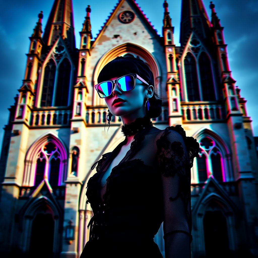 Una persona vestida con un conjunto gótico con detalles en encaje negro, luciendo gafas de sol de neón y posando frente a una representación digital glitchy de una catedral gótica.