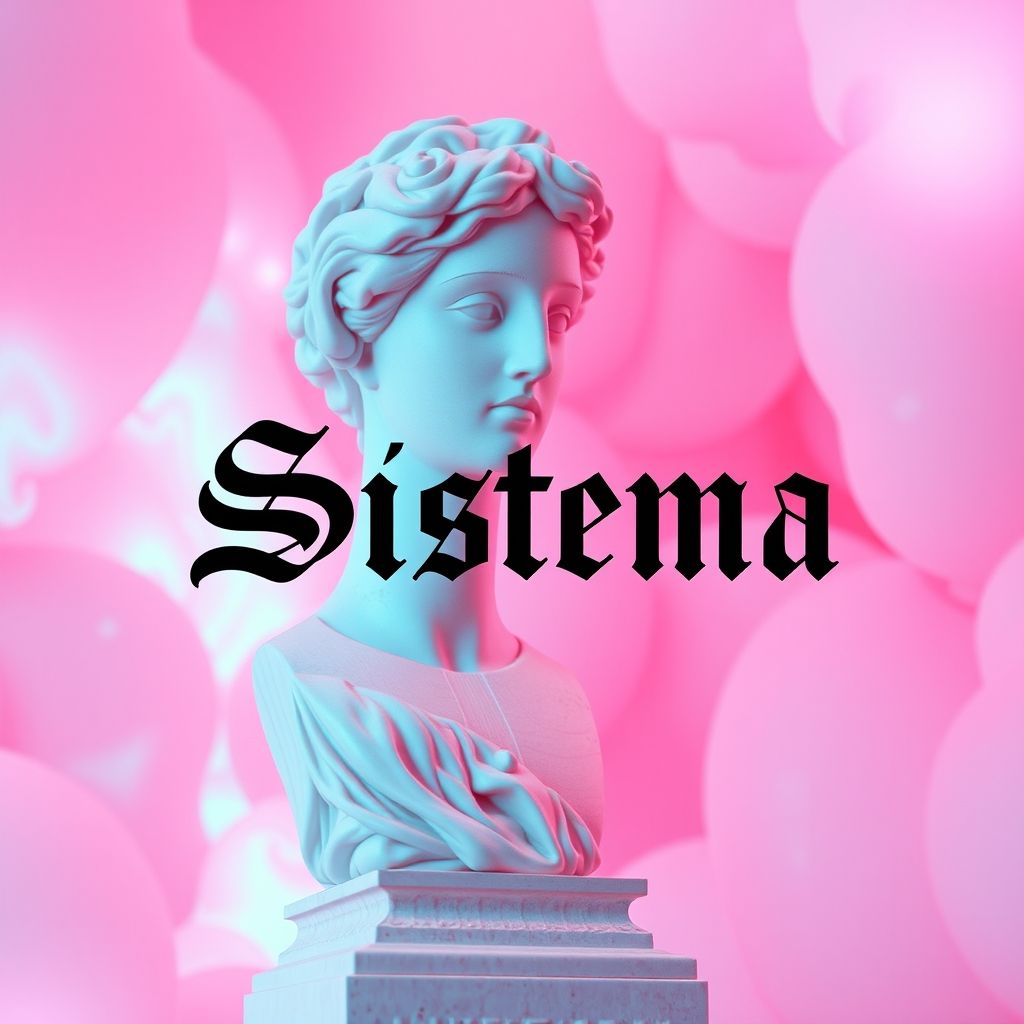 Una composición de arte Vaporwave con una estatua clásica renderizada en 3D y un texto que dice 'Sistema' en una fuente gótica negra, todo con un filtro rosado y turquesa glitchy.