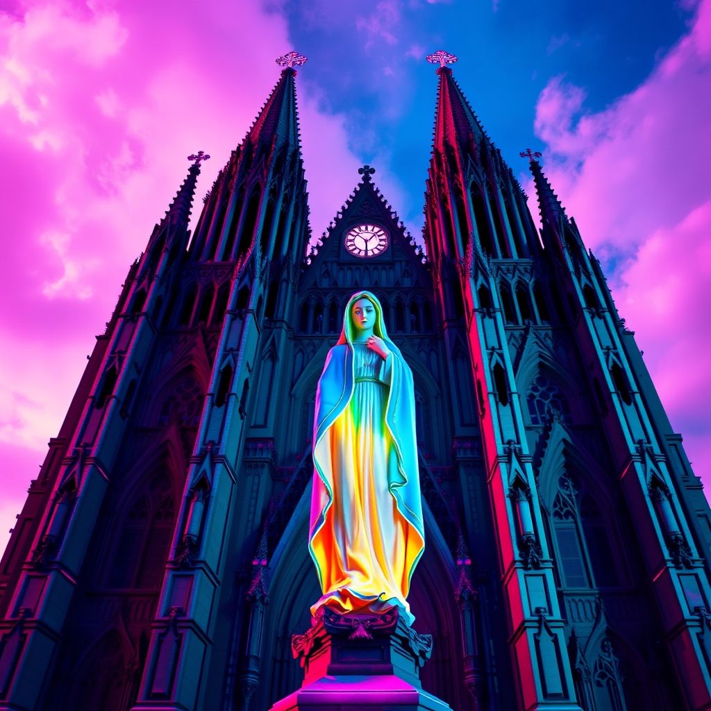 Una captura de pantalla de un video musical Vaporwave que muestra una catedral gótica con glitches digitales y una estatua de la Virgen María superpuesta con colores neón brillantes.