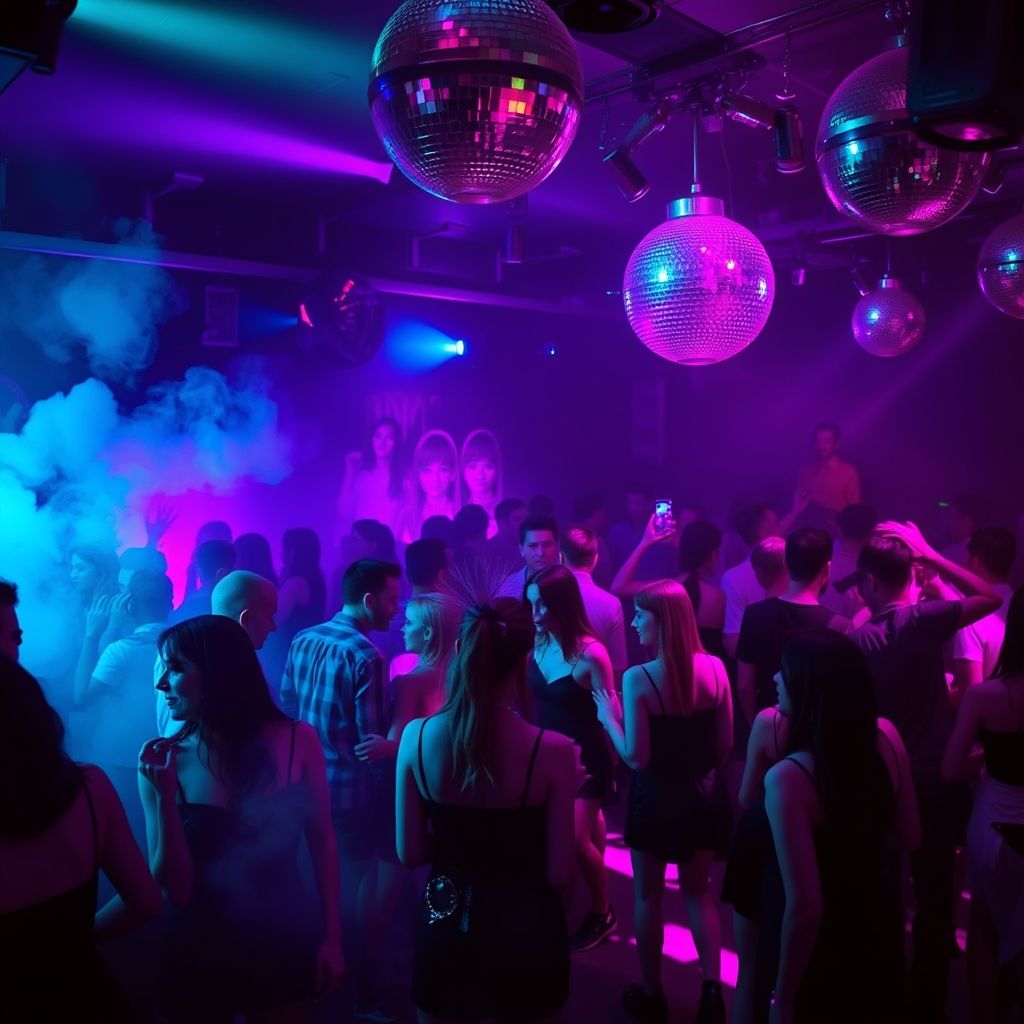 Una foto de un club nocturno oscuro iluminado con luces de neón púrpuras y turquesas, con gente bailando vestida con atuendos góticos y Vaporwave.