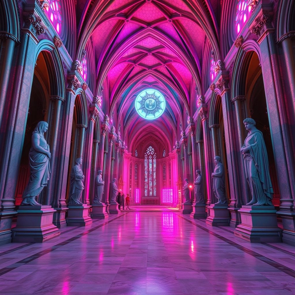 Una captura de pantalla de un entorno de realidad virtual que muestra el interior de una catedral gótica renderizada en un estilo Vaporwave, con elementos glitchy y estatuas clásicas renderizadas en 3D.