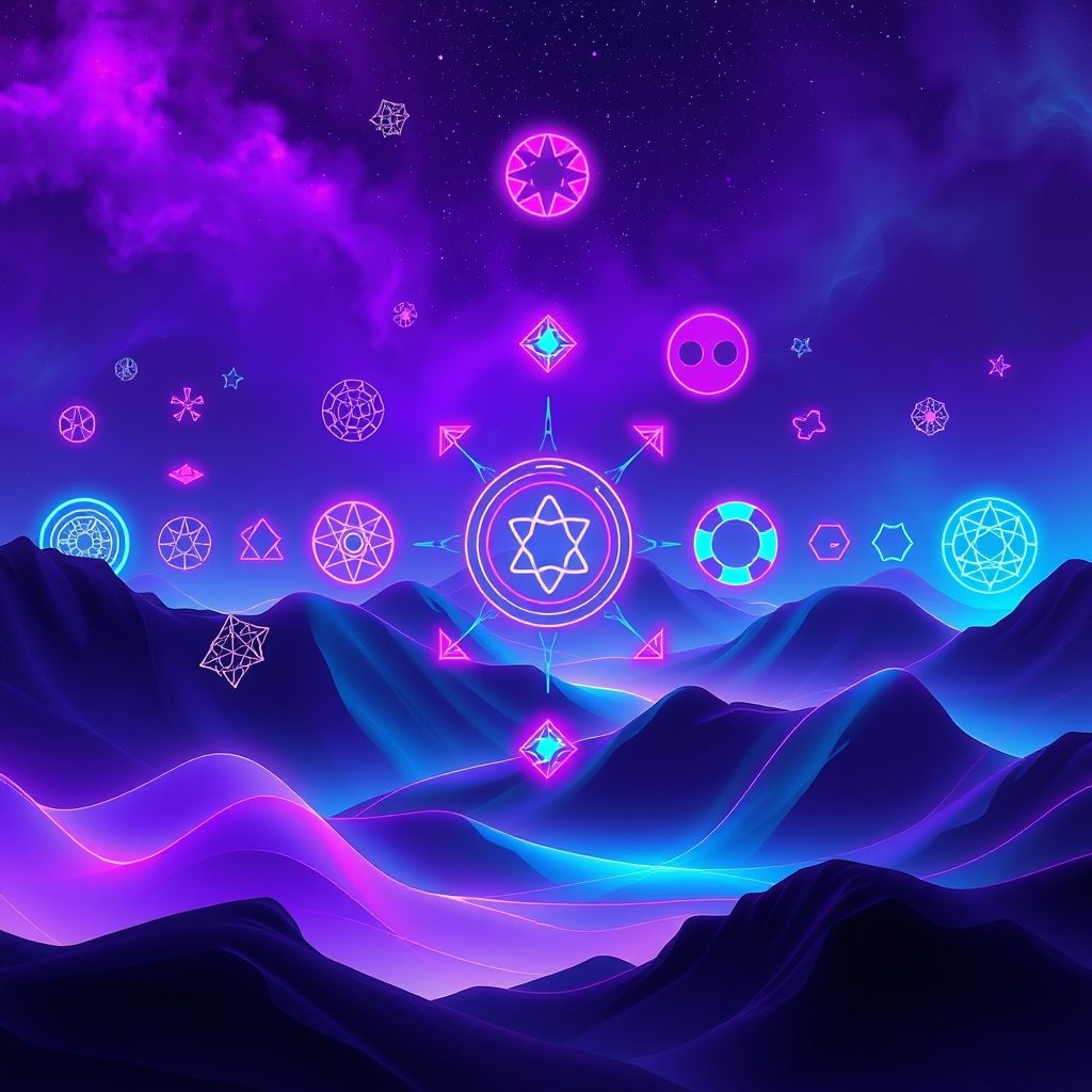 Una representación abstracta de la teoría de la resonancia mórfica, mostrando campos interconectados que representan las subculturas gótica y Vaporwave, con patrones y símbolos que fluyen entre ellas.
