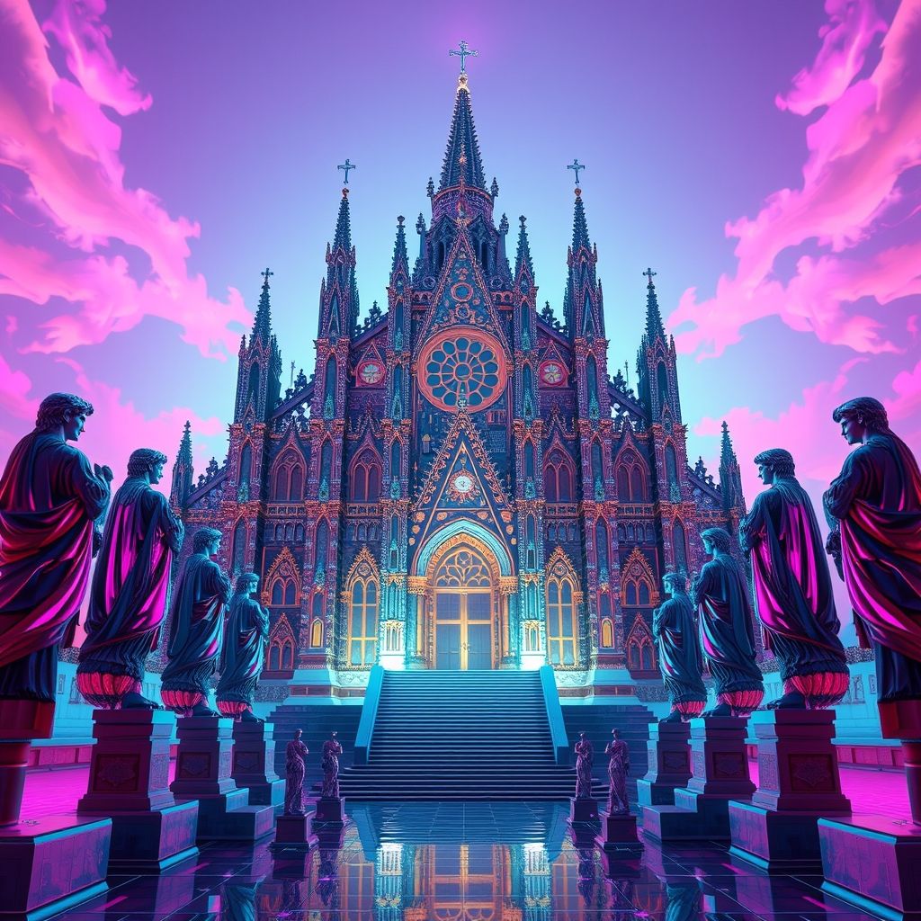 Una imagen generada por IA que muestra una catedral gótica hecha de circuitos y placas de computadoras, rodeada de estatuas griegas renderizadas en 3D y con un cielo de colores Vaporwave.