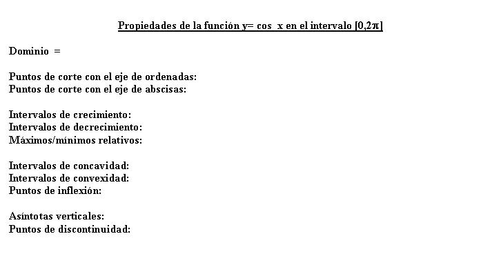 Cuadro de texto: Propiedades de la funcin y= cos  x en el intervalo [0,2p]

Dominio  =

Puntos de corte con el eje de ordenadas:			
Puntos de corte con el eje de abscisas:											
Intervalos de crecimiento:					
Intervalos de decrecimiento:				
Mximos/mnimos relativos:				

Intervalos de concavidad:
Intervalos de convexidad:
Puntos de inflexin:

Asntotas verticales:
Puntos de discontinuidad:

